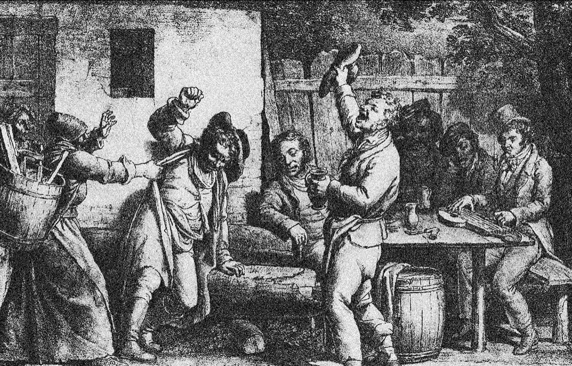 Lithographie représentant des travailleurs  fêtant la Saint-Lundi dans une taverne de Vienne (Autriche)