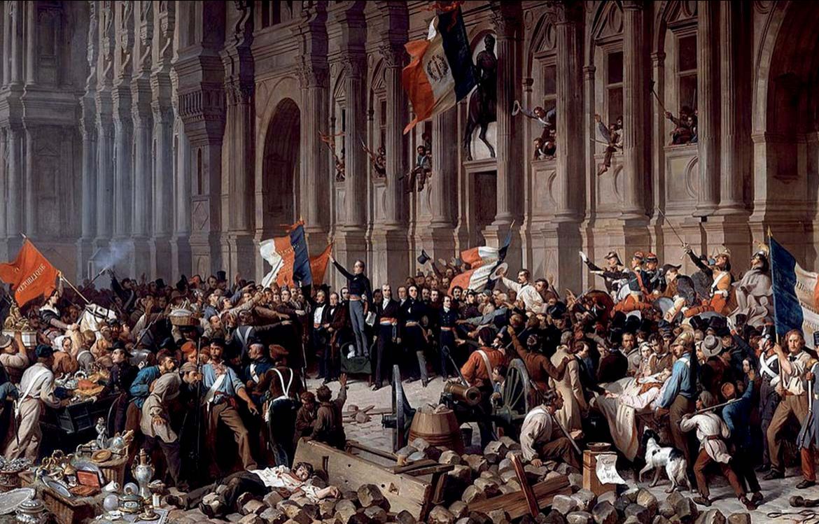 Lamartine prononce un discours devant  les insurgés, ouvriers  et bourgeois,  à l’Hôtel  de ville,  le 25 février 1848,  lendemain  de la  proclamation de la Seconde République. Union  éphémère :  en juin, les députés feront tirer sur  les ouvriers. 